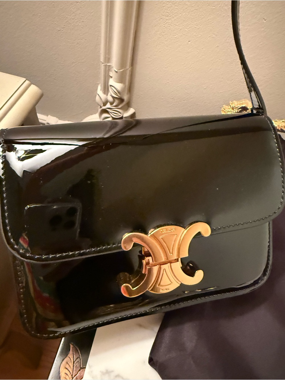 Celine Black Patent Leather Shoulder Bag with Gold Triomphe Clasp